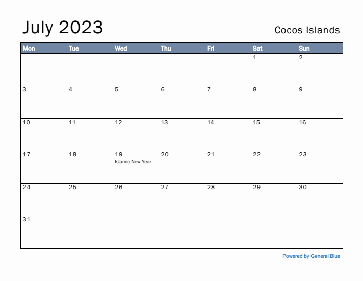 July 2023 Simple Monthly Calendar for Cocos Islands