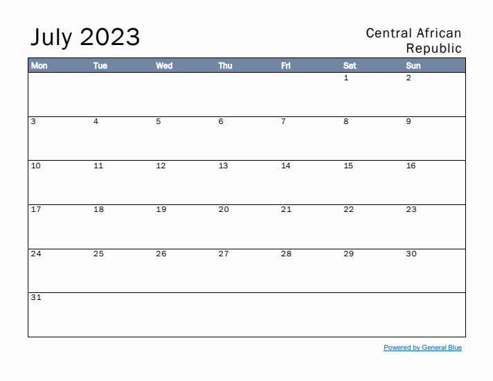 July 2023 Simple Monthly Calendar for Central African Republic