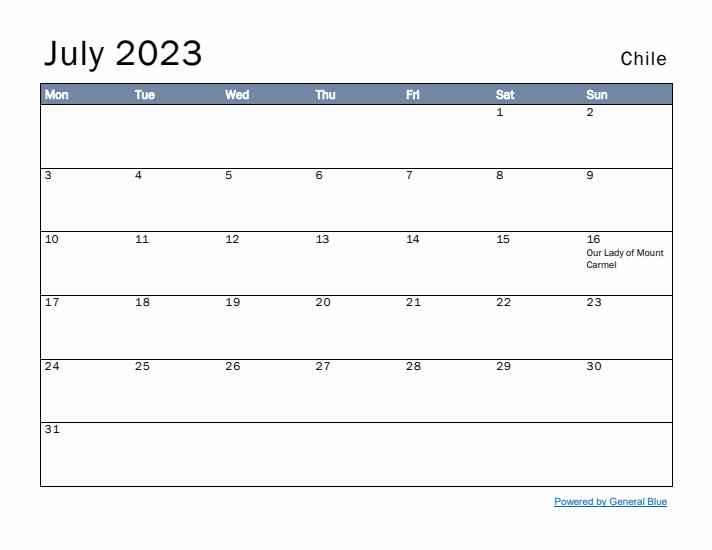 July 2023 Simple Monthly Calendar for Chile