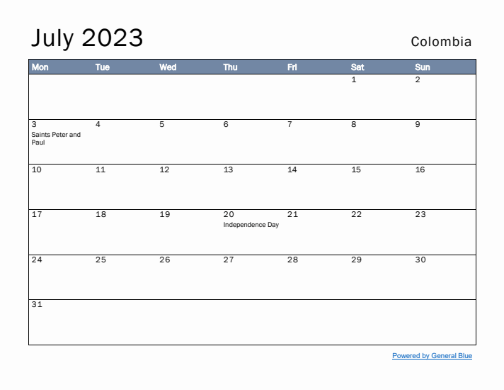 July 2023 Simple Monthly Calendar for Colombia