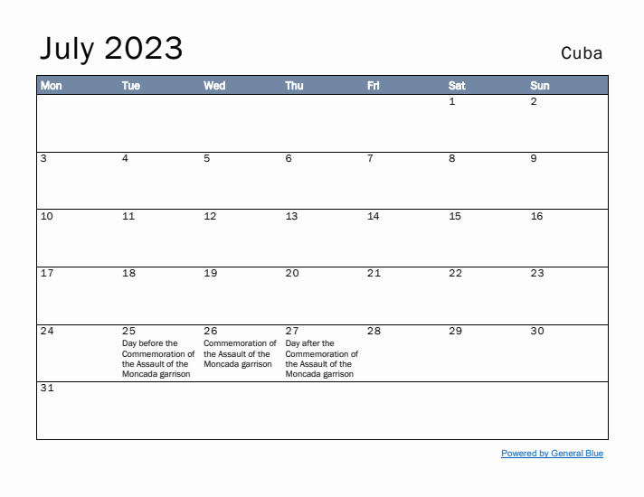 July 2023 Simple Monthly Calendar for Cuba