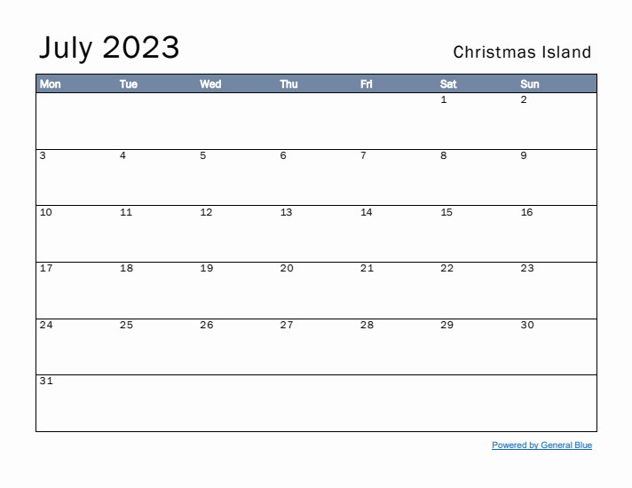 July 2023 Simple Monthly Calendar for Christmas Island