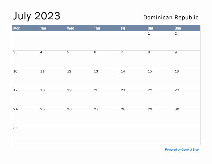 July 2023 Simple Monthly Calendar for Dominican Republic