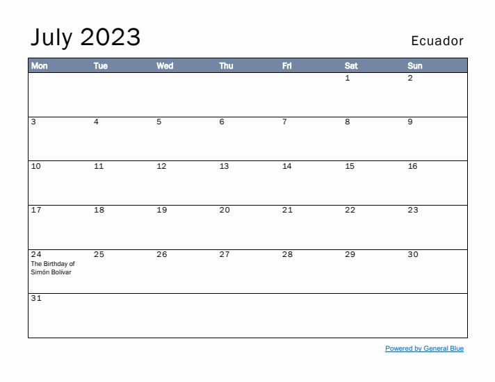 July 2023 Simple Monthly Calendar for Ecuador