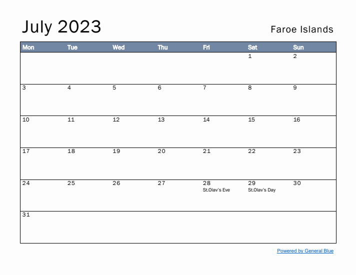 July 2023 Simple Monthly Calendar for Faroe Islands