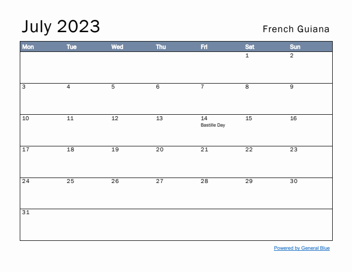 July 2023 Simple Monthly Calendar for French Guiana