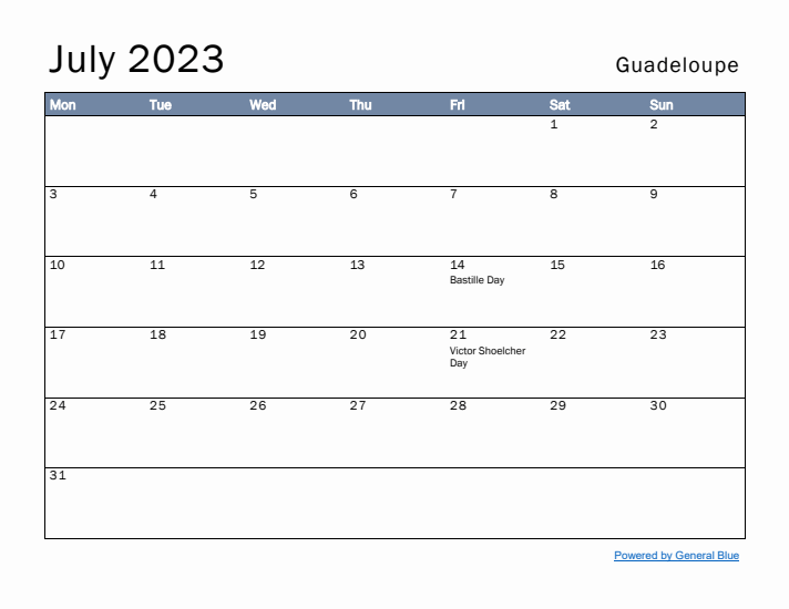 July 2023 Simple Monthly Calendar for Guadeloupe