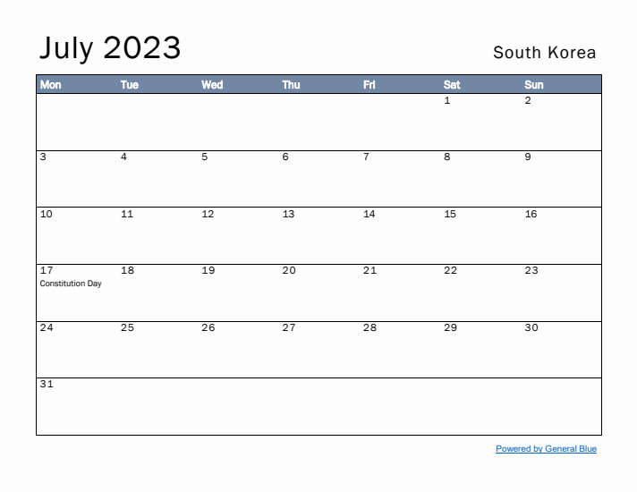 July 2023 Simple Monthly Calendar for South Korea