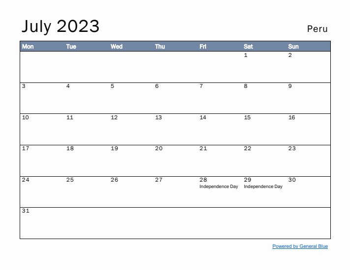 July 2023 Simple Monthly Calendar for Peru