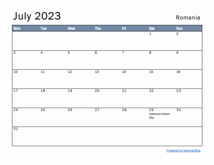 July 2023 Simple Monthly Calendar for Romania