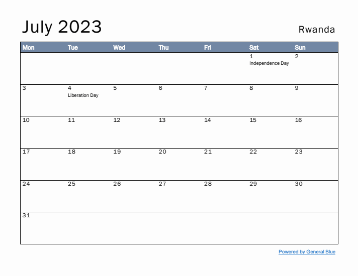 July 2023 Simple Monthly Calendar for Rwanda