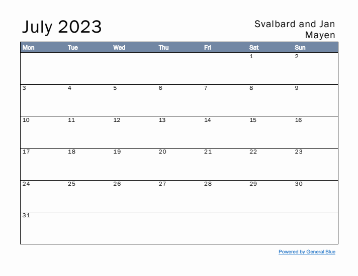 July 2023 Simple Monthly Calendar for Svalbard and Jan Mayen