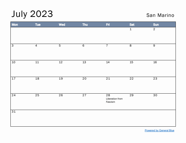 July 2023 Simple Monthly Calendar for San Marino