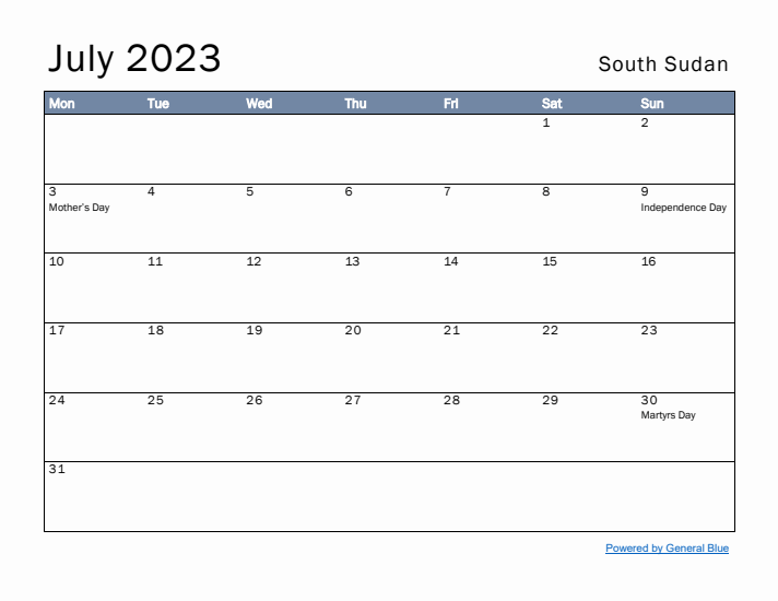 July 2023 Simple Monthly Calendar for South Sudan