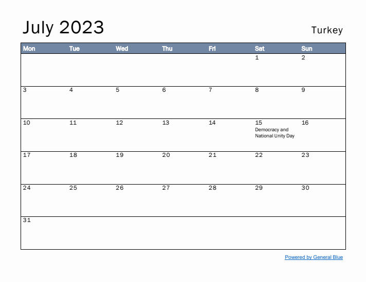 July 2023 Simple Monthly Calendar for Turkey