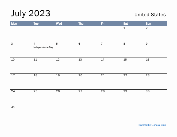 July 2023 Simple Monthly Calendar for United States