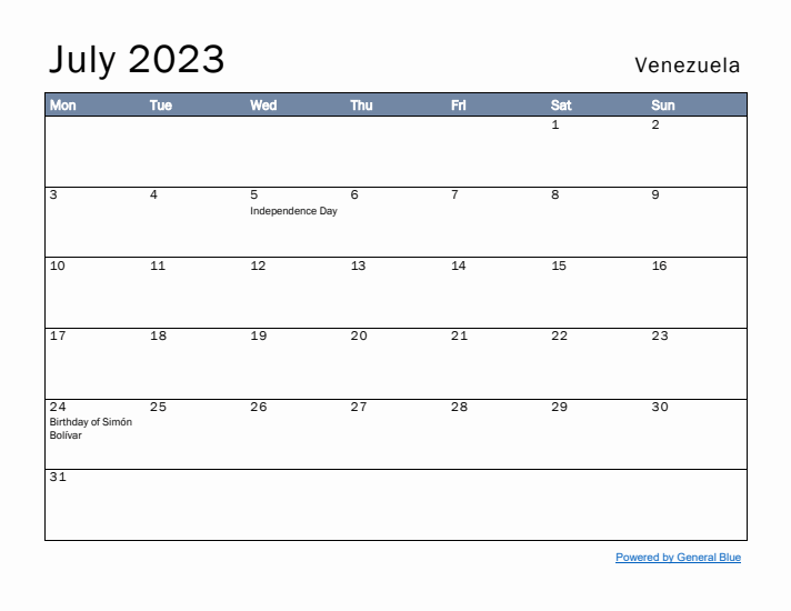 July 2023 Simple Monthly Calendar for Venezuela