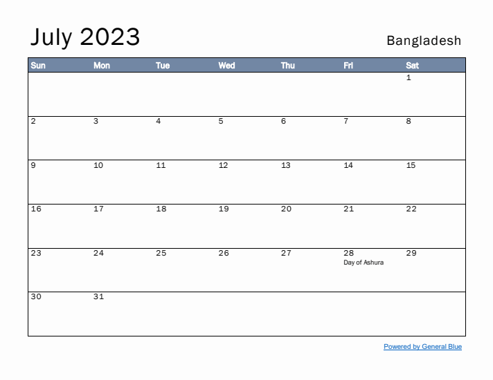 July 2023 Simple Monthly Calendar for Bangladesh