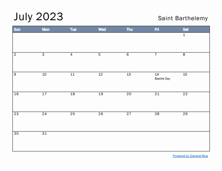 July 2023 Simple Monthly Calendar for Saint Barthelemy