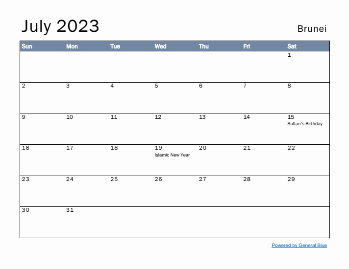 July 2023 Simple Monthly Calendar for Brunei