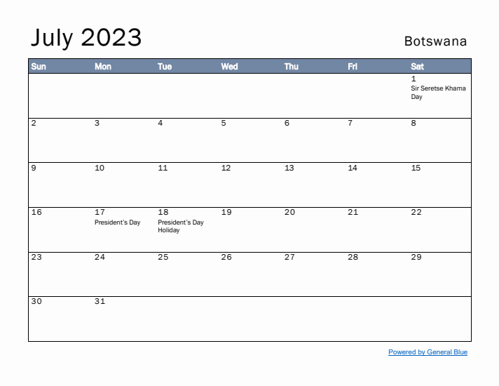 July 2023 Simple Monthly Calendar for Botswana