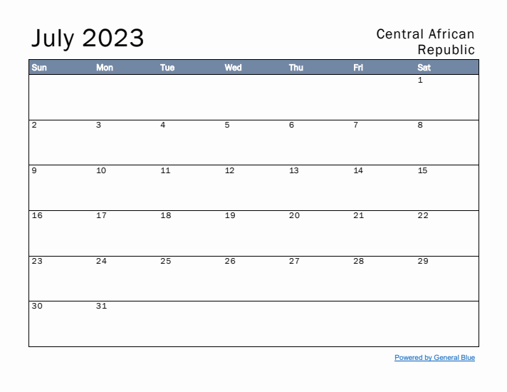 July 2023 Simple Monthly Calendar for Central African Republic