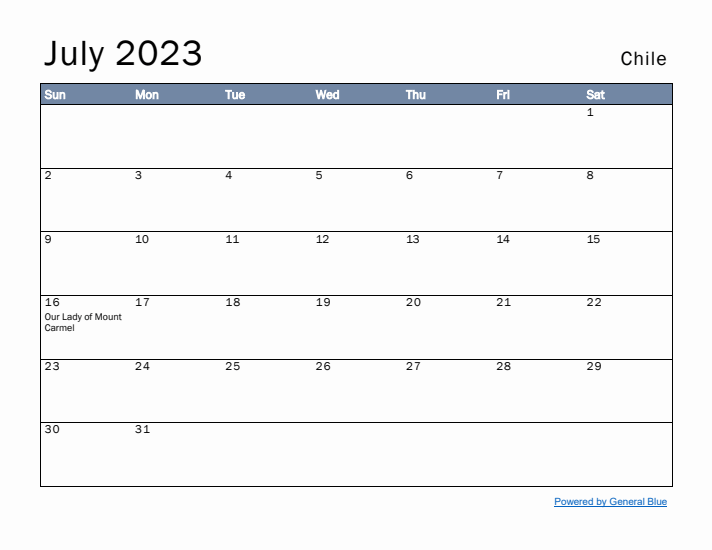 July 2023 Simple Monthly Calendar for Chile