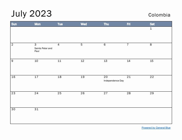 July 2023 Simple Monthly Calendar for Colombia