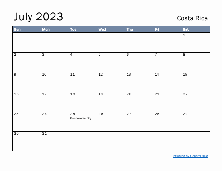 July 2023 Simple Monthly Calendar for Costa Rica