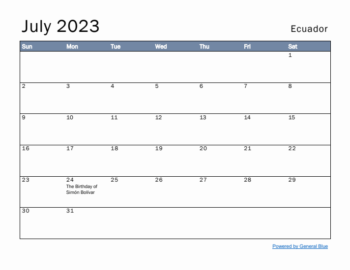 July 2023 Simple Monthly Calendar for Ecuador