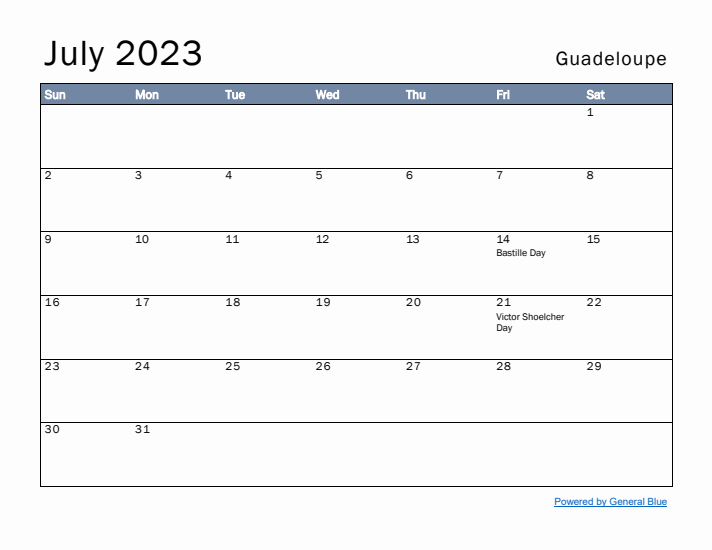 July 2023 Simple Monthly Calendar for Guadeloupe