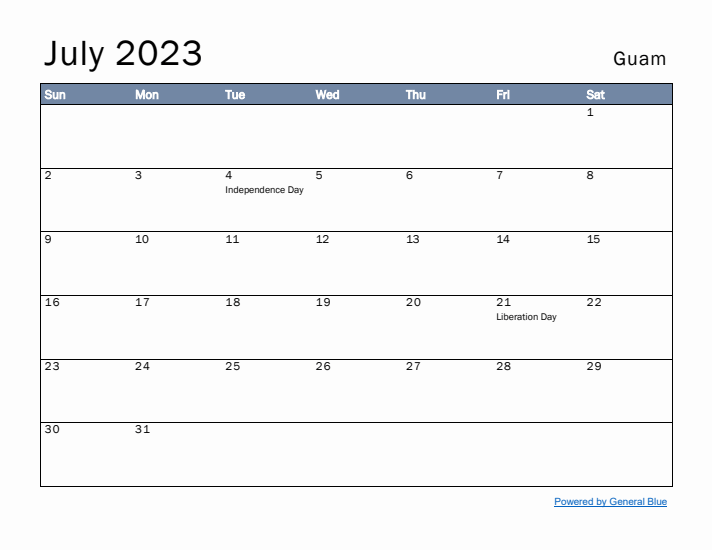 July 2023 Simple Monthly Calendar for Guam