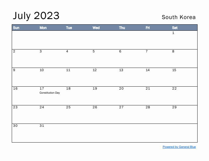 July 2023 Simple Monthly Calendar for South Korea