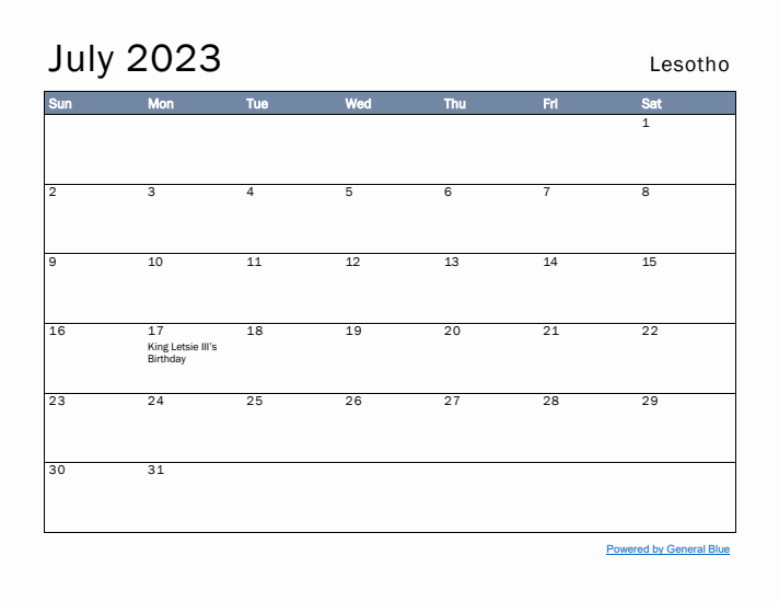 July 2023 Simple Monthly Calendar for Lesotho