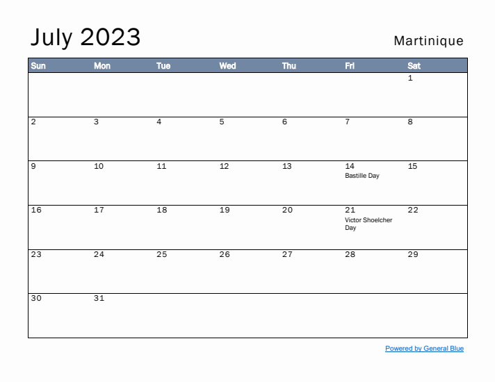 July 2023 Simple Monthly Calendar for Martinique