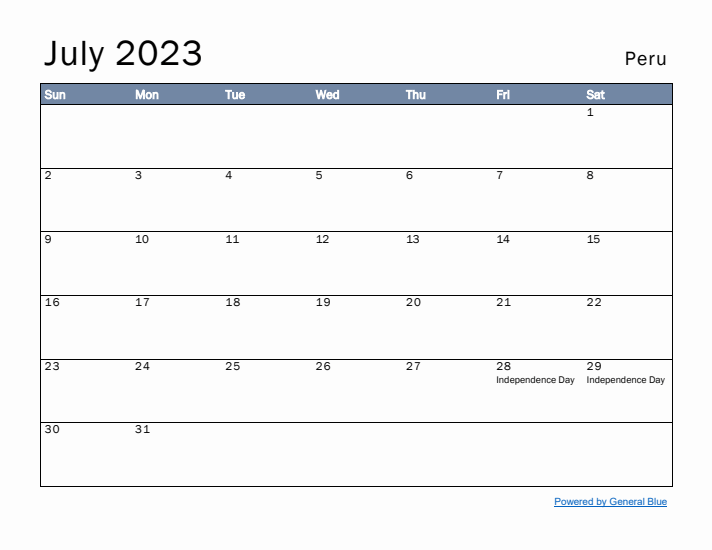 July 2023 Simple Monthly Calendar for Peru