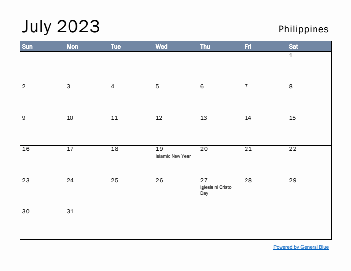 July 2023 Simple Monthly Calendar for Philippines