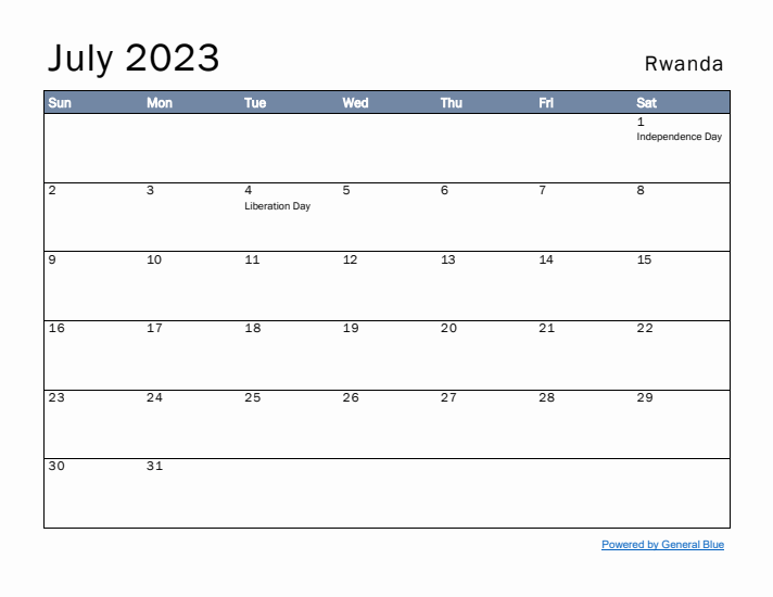 July 2023 Simple Monthly Calendar for Rwanda