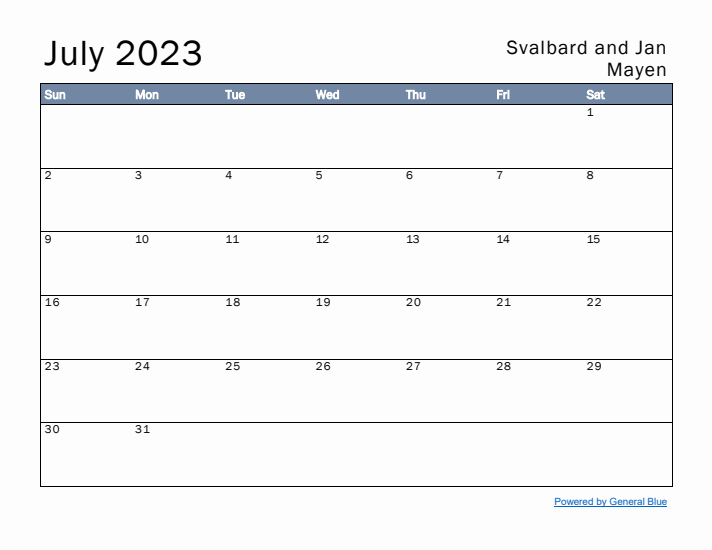 July 2023 Simple Monthly Calendar for Svalbard and Jan Mayen