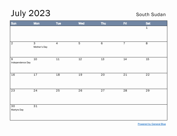 July 2023 Simple Monthly Calendar for South Sudan