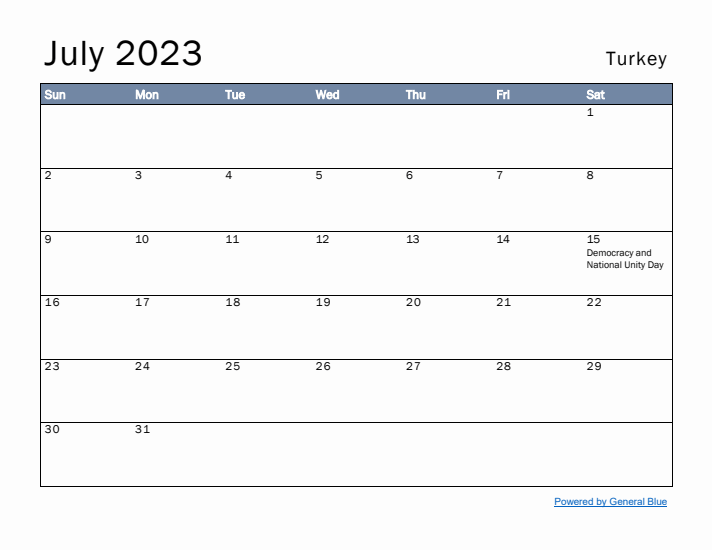 July 2023 Simple Monthly Calendar for Turkey