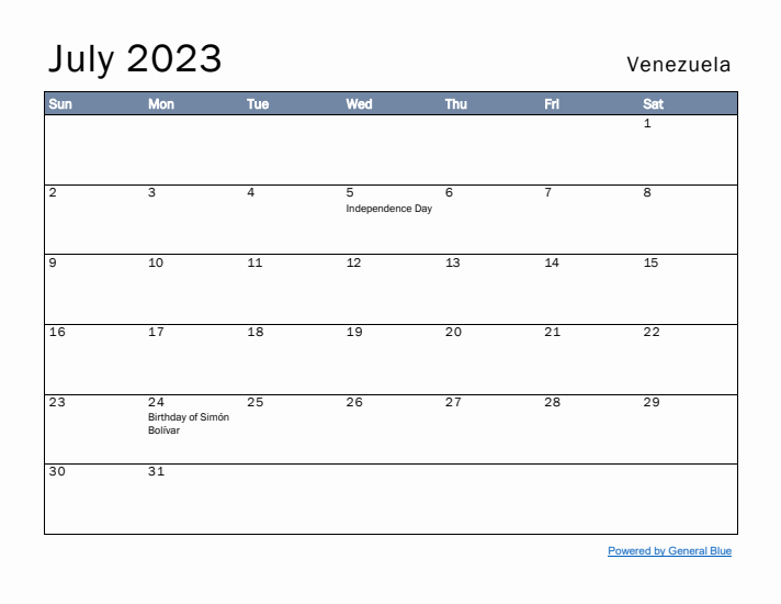 July 2023 Simple Monthly Calendar for Venezuela