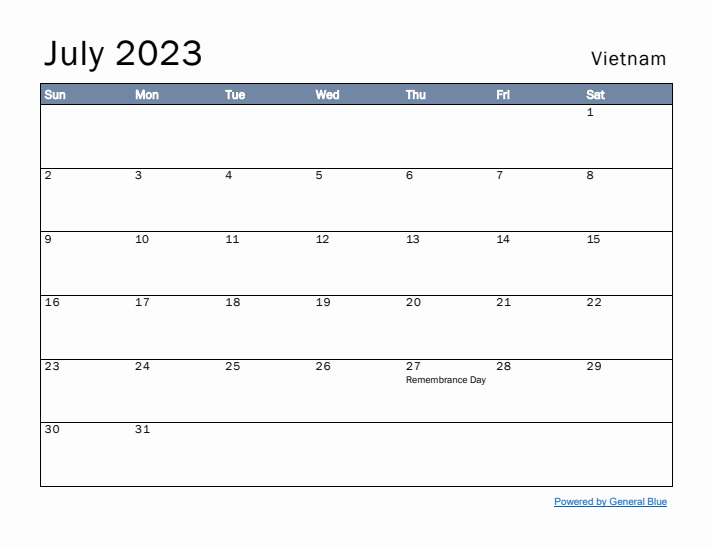 July 2023 Simple Monthly Calendar for Vietnam