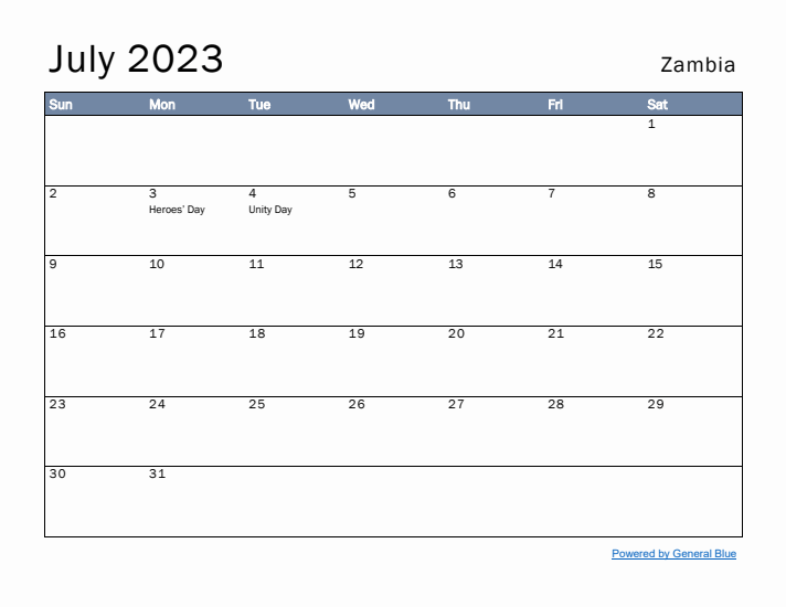 July 2023 Simple Monthly Calendar for Zambia