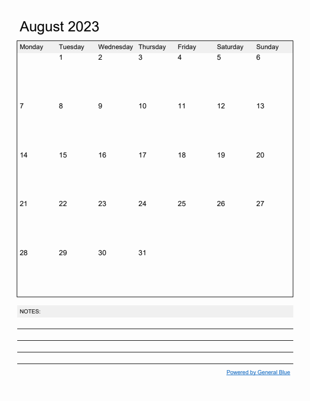 Basic Monthly Calendar Template for August 2023