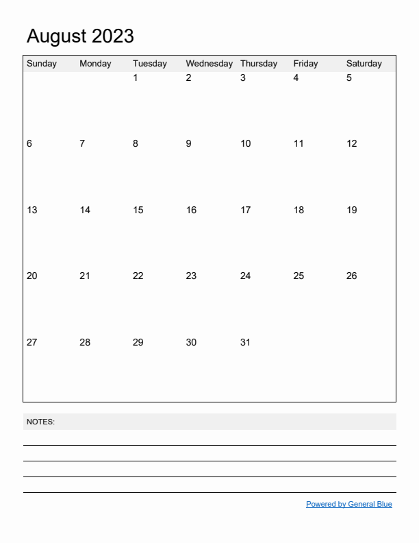 Basic Monthly Calendar Template for August 2023