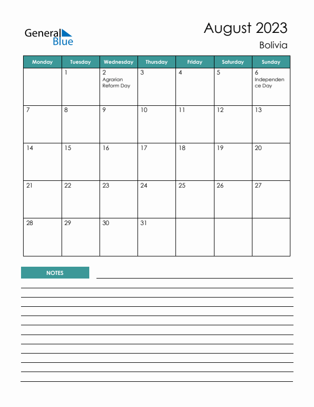 Calendar with Notes Printable - Monday Start