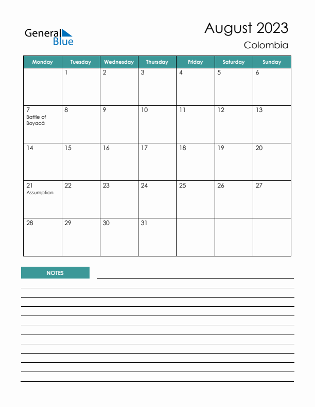 Calendar with Notes Printable - Monday Start