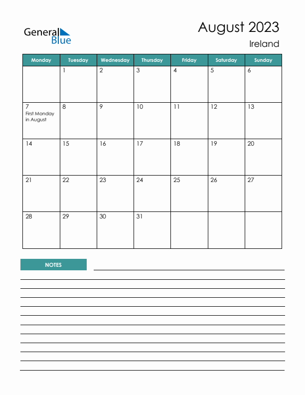 Calendar with Notes Printable - Monday Start