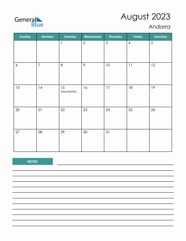 Calendar with Notes Printable - Sunday Start